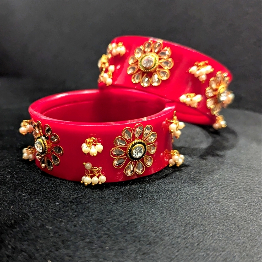 Unbranded Red Floral Kundan Resin Bangles - Set of 2
